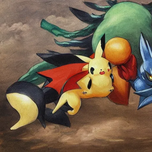 Prompt: two pokemon fighting, traditional art, 1800, painting