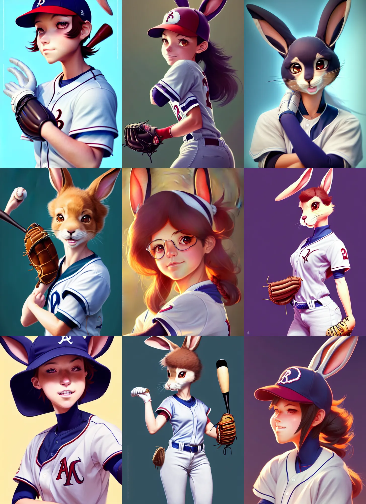 Prompt: beautiful portrait of a female anthropomorphic rabbit fursona baseball player. character design by disney, charlie bowater, ross tran, artgerm, and makoto shinkai, detailed, soft lighting, rendered in octane