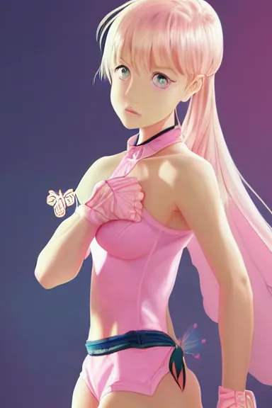 Prompt: blonde little girl with butterfly wings in an pink and white hero outfit, digital artwork made by artgerm lau and makoto shinkai, shaped focus, heroic composition, hero pose, inspired by peni parker from spiderverso, smooth, anatomically correct