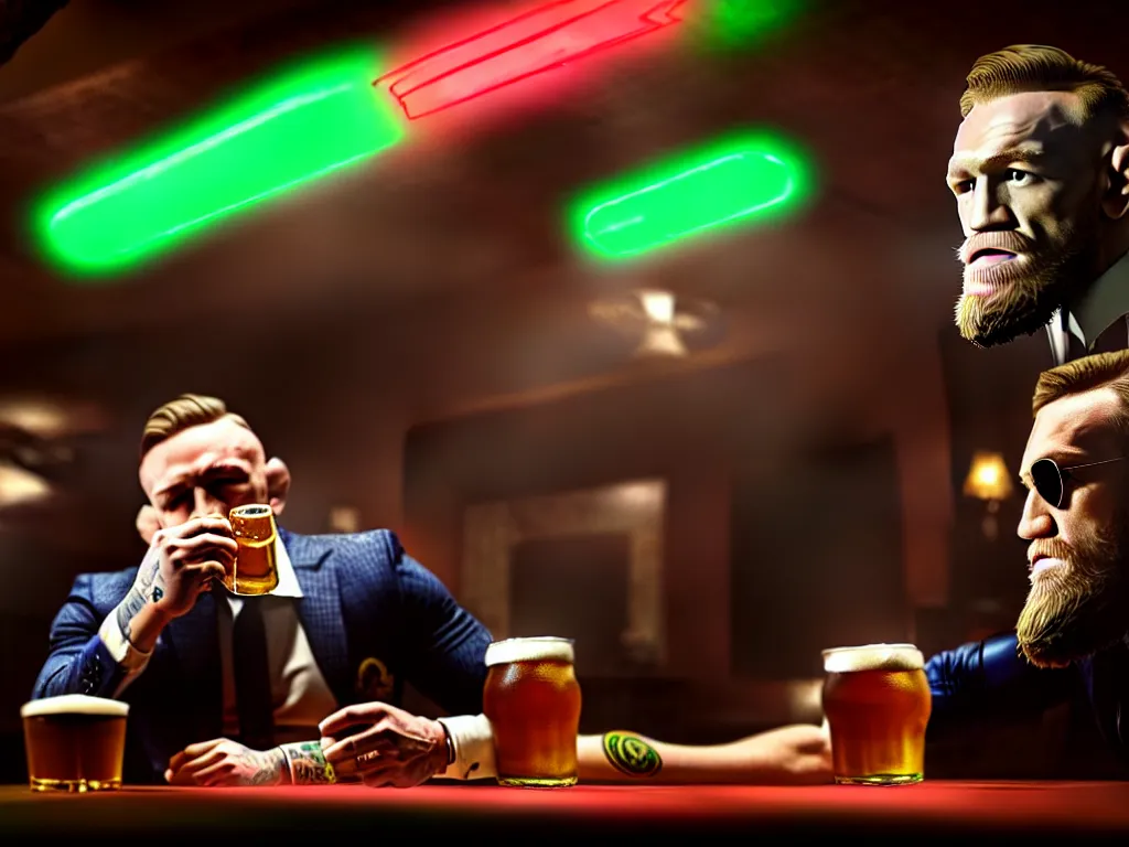 Image similar to a well framed portrait of conor mcgregor drinking a beer and smoking a cigar in an irish pub with a neon bar, laser lighting, trending on art station, in the style of the movie heat with al pacino, volumetric lighting & shadows, hyper detailed, digital art, unreal engine, 4 0 0 mm f 1. 8,