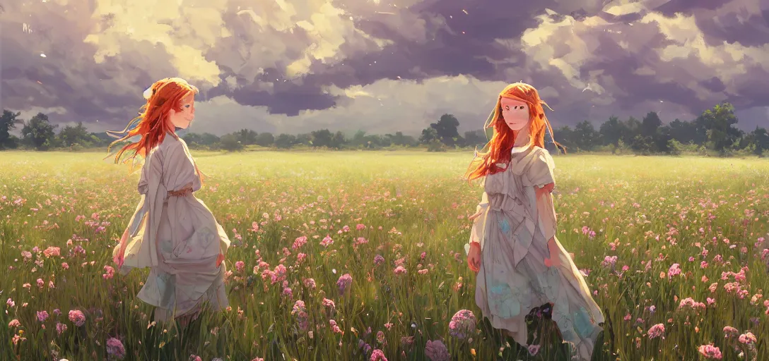 Image similar to a beautiful southern woman named Savannah, innocent, sad turquoise eyes, freckles, long ginger hair tied with white ribbon, relaxed in a field of flowers on a farm, gentle lighting, storm in the distance, somber, western clothing, dress, digital art by Makoto Shinkai ilya kuvshinov and Wojtek Fus, digital art, concept art,