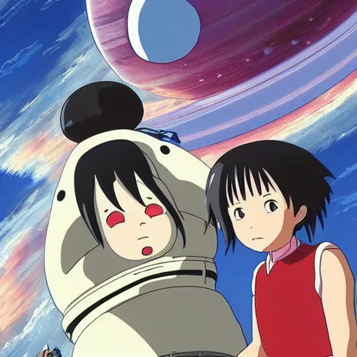 Image similar to Spirited away in space next to planet Saturn, anime, japan, studio Ghibli