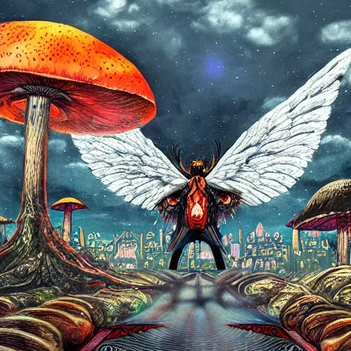 Image similar to A centered chest up portrait of a psychedelic godlike mothman with giant mandala wings smoking a hand-rolled cigarette smoking heavily , magic mushroom village in background , award winning. superb resolution. in the art style of junji Ito and greg rutkowski . Detailed Mushroom city in background. Hyper realistic anime. Perfect art. Dalle2