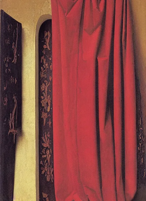 Image similar to red curtain, medieval painting by jan van eyck, johannes vermeer, florence