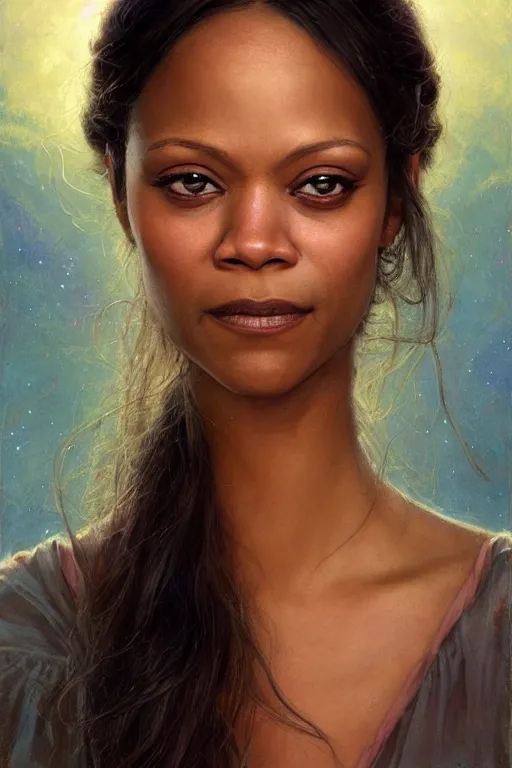 Image similar to Zoe Saldana, looking at the viewer, in the style of Lilia Alvarado, Sophie Anderson, Mark Arian, Bob Byerley, Charlie Bowater, Mark Brooks, Steve Henderson, Justin Gerard, Arthur Hughes, Edward Robert Hughes, Mark Keathley, Victor Nizovtsev, Carlos Shwabe, Ross Tran, WLOP