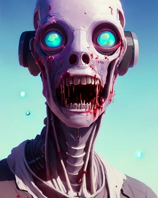 Image similar to highly detailed vfx portrait of a character of a zombie robot, stephen bliss, unrealengine, greg rutkowski, loish, rhads, beeple, makoto shinkai and lois van baarle, ilya kuvshinov, rossdraws, tom bagshaw,