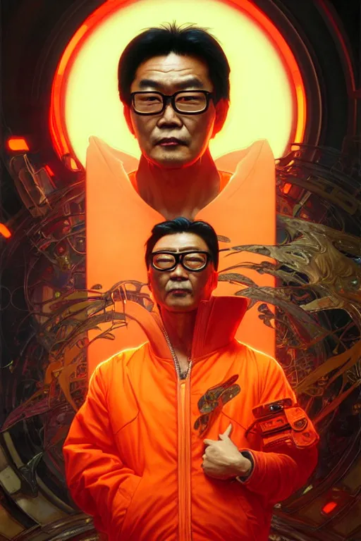 Prompt: a middle aged asian man with short black hair, broad shoulders, thick round spectacles, wearing a bright orange bomber jacket, seductive cyberpunk dark fantasy, art by artgerm and karol bak and moebius and alphonse mucha and greg rutkowski, hyperdetailed, ultrarealistic, octane render