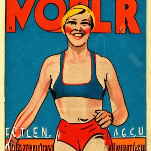 Image similar to a 1 9 2 8 cover of a german magazine. happy, healthy, beautiful, smiling, young, sporty, glowing woman in decent athletic wear. realistic detailed color drawing