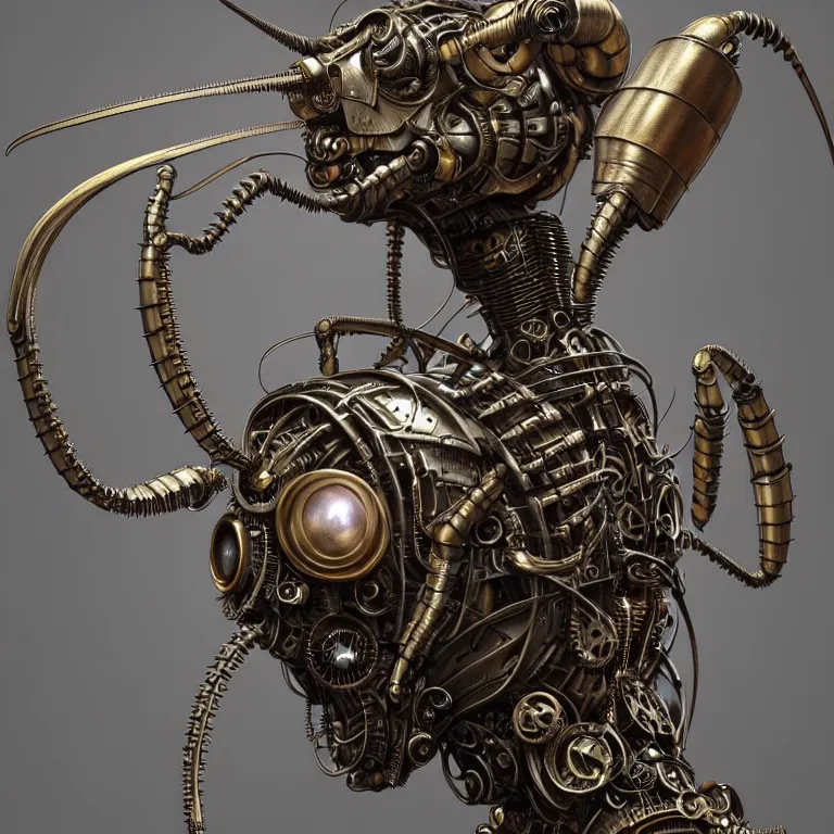 Image similar to steampunk cybernetic biomechanical mantis, 3 d model, unreal engine realistic render, 8 k, micro detail, intricate, elegant, highly detailed, centered, digital painting, artstation, smooth, sharp focus, illustration, artgerm, tomasz alen kopera, wlop