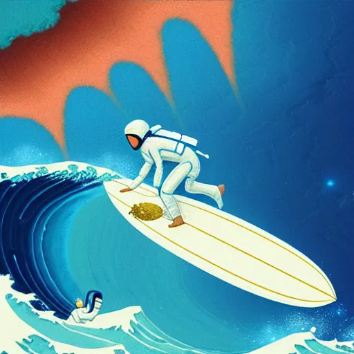 Image similar to a beautiful digital painting of an astronaut in a white and royal blue luxurious space suit surfing the great wave of Kanagawa on a chic surfboard at Pamukkale, thermal waters flowing down gold travertine terraces by greg rutkowski, antelope canyon walls protruding, award winning photo, trending on artstation, highly detailed, unreal engine, octane render