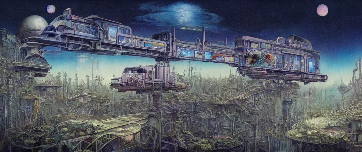 Image similar to A beautiful illustration of a retro futurism elevated railway on another world by Daniel merriam | sparth:.2 | Time white:.3 | Rodney Matthews:.5 | Graphic Novel, Visual Novel, Colored Pencil, Comic Book:.2 | unreal engine:.3