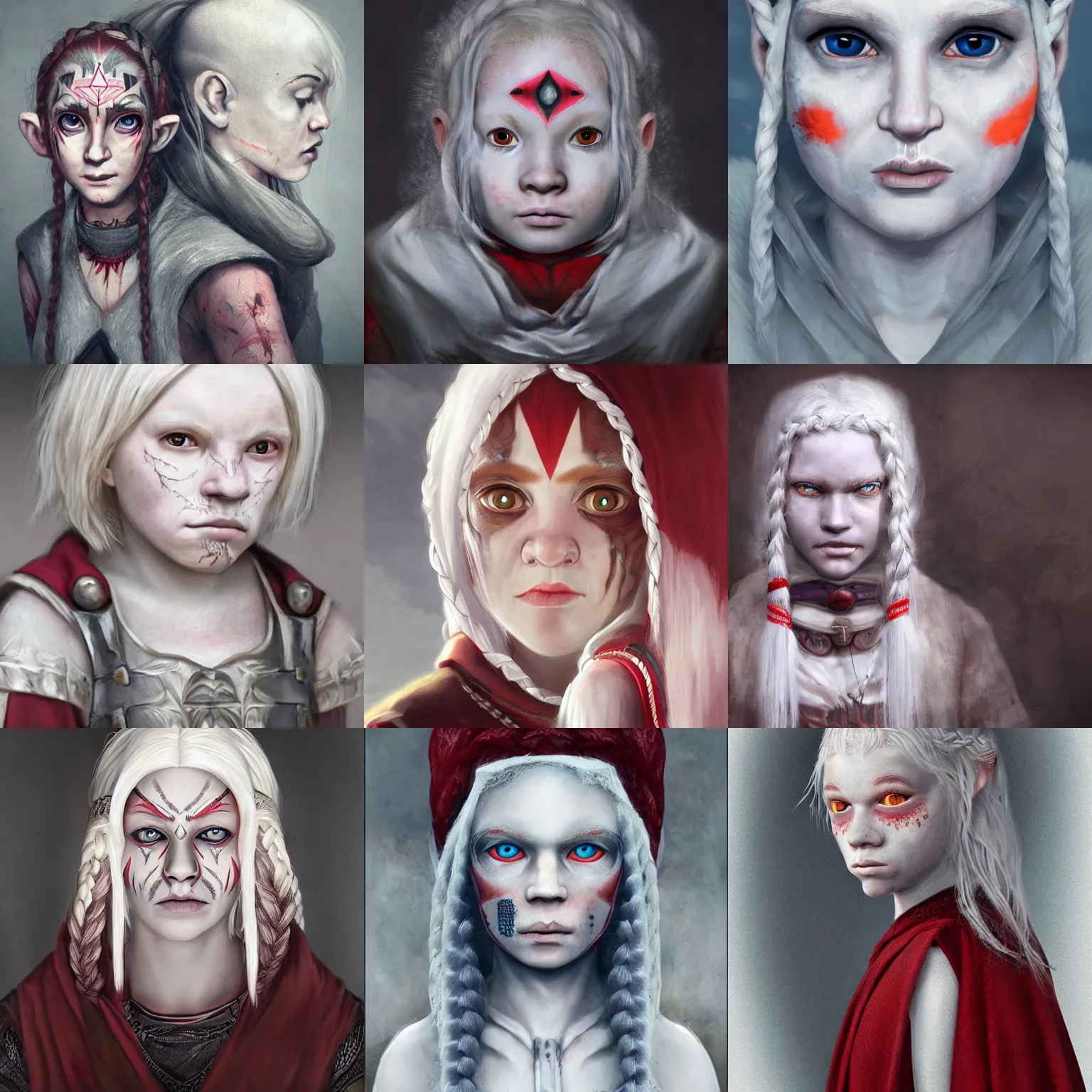 Prompt: realistic portrait of a young albino female halfling with ( ( ( ( ( red ) ) ) ) ) eyes and a grey!! cloak and geometric facial tattoos!!!!!! and white!!!! braided hair, haunted and sad expression, artstation, cinematic lighting, 8 k, digital art