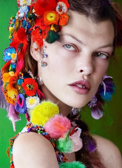 Prompt: beautiful portrait of teenager Milla Jovovich wearing fantastic Hand-dyed cotton dress,embellished beaded feather decorative fringe knots ,colorful pigtail,subtropical flowers and plants,dramatic,symmetrical face,intricate,elegant,highly detailed,8k,post-processing,digital painting,trending on pinterest, GUCCI,PRADA,concept art, sharp focus, illustration, by artgerm,Tom Bagshaw,Lawrence Alma-Tadema,greg rutkowski,alphonse Mucha