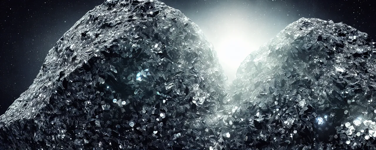 Prompt: asteroid made of shiny diamonds and crystals, [ shards, facets, cinematic, detailed, epic, widescreen, opening, establishing, mattepainting, photorealistic, realistic textures, octane render ]