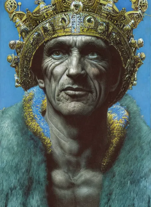 Image similar to upper body and head portrait of dennis hopper dorian yates hybrid as god wearing robes and a crown, by lawrence alma tadema and zdzislaw beksinski and norman rockwell and jack kirby and tom lovell and greg staples