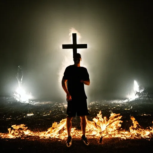 Image similar to robert lewandowski in front of a burning christian cross, night, forest, dark, black