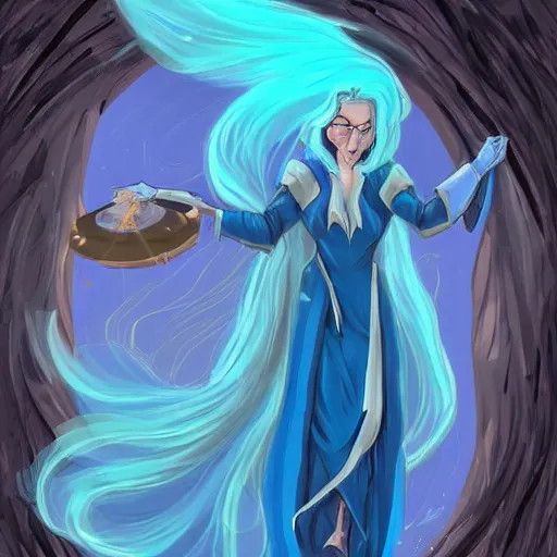 Prompt: a confident mage woman with long blue cape and brown flowing hair!! disovering a graveyard of dreams, inside a futuristic portal!!