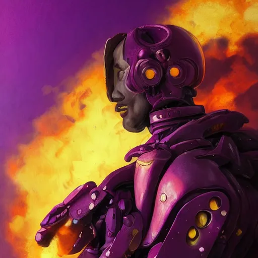 Prompt: Character design sketch with body made of Purple Lava and fire, mecha humanoid with cyberpunk bomber jacket, fashion & Costume design by damascuss apparel, concept art character, royalty, smooth, sharp focus, organic, deep shadows by Heri Irawan, hyperrealistic oil painting, 4k, studio lightning