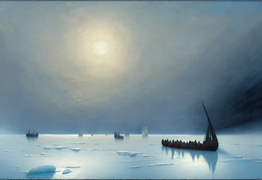 Prompt: acrylic painting of icebreakers sailing across the vast ice sheet, by caspar david friedrich and greg rutkowski, epic, serene, cold colors, ocean, fog, infinite