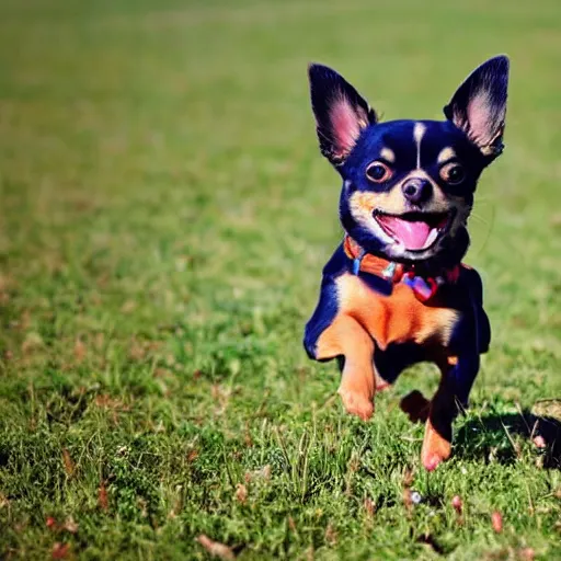 Prompt: my dream puppy: an extremely adorable chihuahua! she is so playful and happy. In this photograph, she is pictured prancing through a field on a bright, sunny summer afternoon. Her mouth is open and her tongue is out. She barks playfully as we play fetch in the field.