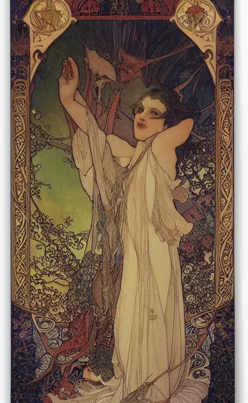 Image similar to the magician, tarot, beautiful border, by alfons maria mucha, highly detailded