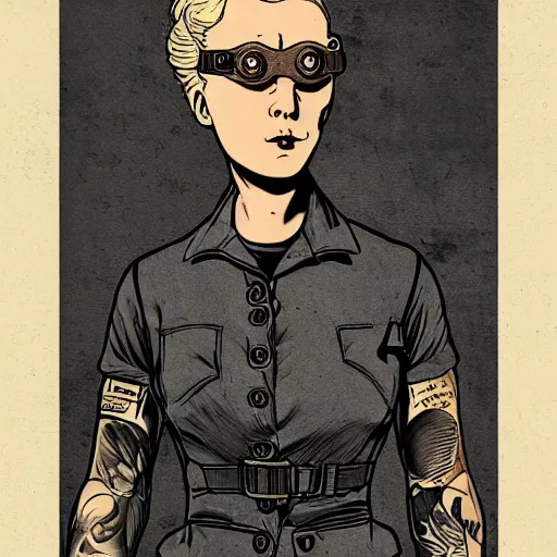 Prompt: tattooed stoic heroic emotionless dirty butch blonde woman mechanic with very short slicked - back hair, full body, uncomfortable awkward and anxious, wearing dark - lensed victorian goggles, wearing flight suit, moebius, rough paper, smooth median photoshop filter cutout vector, moebius, ron cobb, sci fi, behance hd