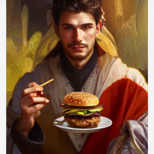 Prompt: portrait of lawrence olivier eating hamburgers, extra onions and ketchup, luscious patty with sesame seeds, feminine ethereal, handsome, d & d, fantasy, intricate, elegant, highly detailed, digital painting, artstation, concept art, matte, sharp focus, illustration, art by artgerm and greg rutkowski and alphonse mucha