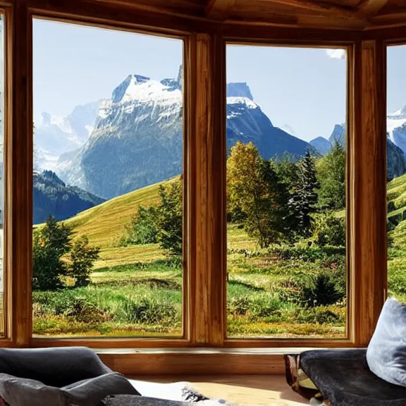 Image similar to fantastical living room with switzerland landscape in the window