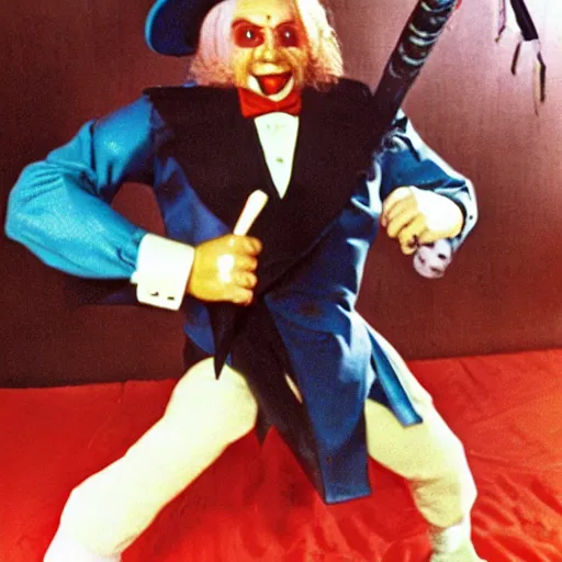 Prompt: wwf superstar bozo cronkite, 7 ft tall, dangerous, wielding a crowbar, with a glass eye and a top hat