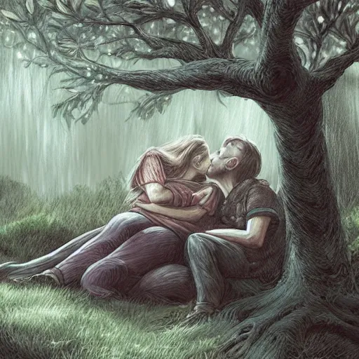 Image similar to portrait of a couple sleeping under a large tree, heavy rain, high fantasy, travellers, dense forest, digital illustration, illustration, artstatiin, somber, muted colors, intricate, artstyle by artgerm