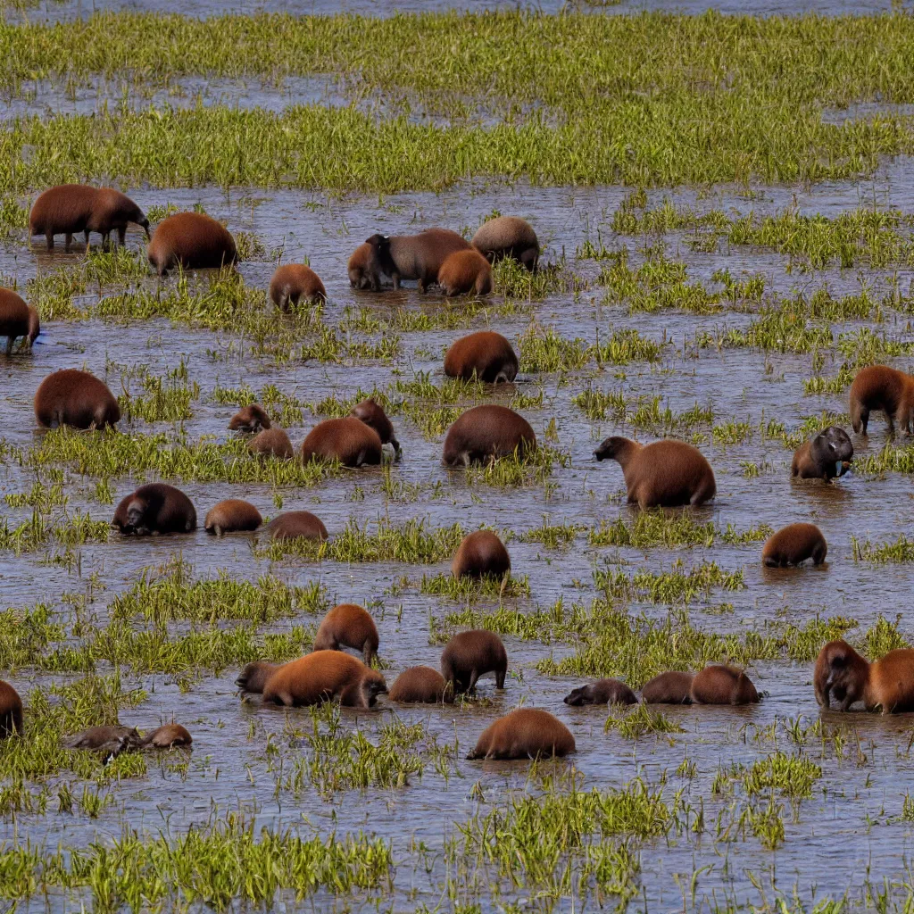 Prompt: capybaras in wetland engulfed in fire