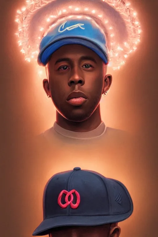Image similar to photorealistic portrait of tyler the creator with baseball hat, staring directly into camera, intricate, elegant, glowing lights, highly detailed, digital painting, artstation, sharp focus, illustration, art by wlop, mars ravelo and greg rutkowski
