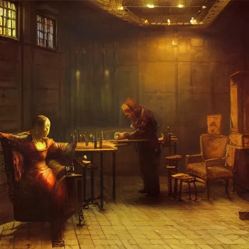 Prompt: pneumatic chemist gangsters working the air loom remote mind control machine in a london apartment, artstation marc simonetti andrei riabovitchev rembrandt 1 9 th century oil on canvas shimmer