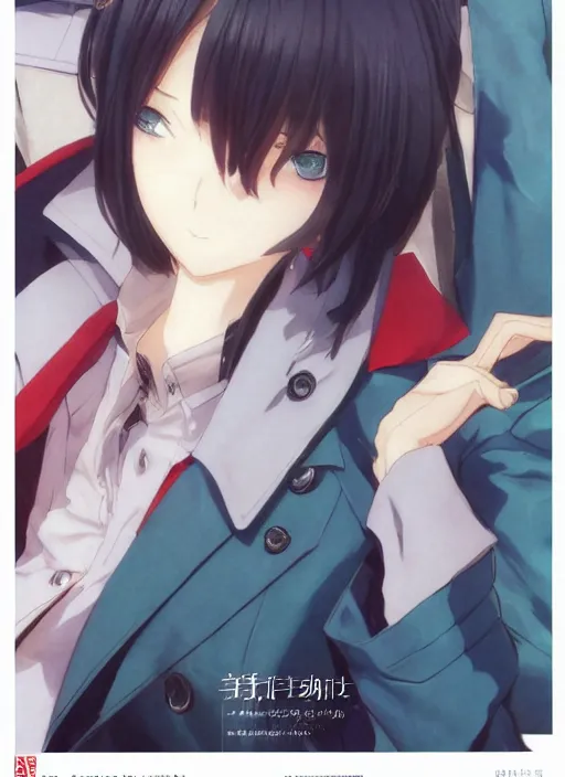 Prompt: luxury advertisement, medium close-up of a manga girl with a teal trenchcoat by krenz cushart, Sasoura, Satchely and Akihiko Yoshida, black medium length Dutch bob cut hair with straight bangs, poster