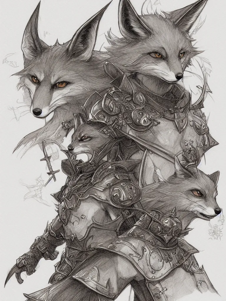 Image similar to heroic character design of anthropomorphic fox, whimsical fox, portrait, holy crusader medieval, final fantasy tactics character design, character art, whimsical, lighthearted, colorized pencil sketch, highly detailed, Akihiko Yoshida