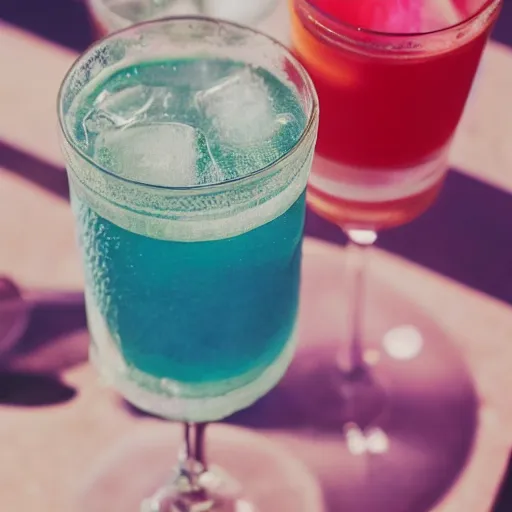 Prompt: a pastel colour Polaroid photo from a holiday album at a seaside restaurant, close up of drinks, all glass is iridescent and colours pastels, no people, nostalgic