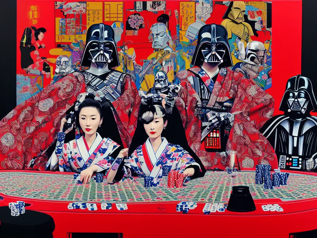 Image similar to hyperrealistic composition of the detailed woman in a japanese kimono with a ( ( c 3 p 0 ) robot head sitting at a extremely detailed poker table with darth vader, fireworks, mountain fuji on the background, pop - art style, jacky tsai style, andy warhol style, acrylic on canvas