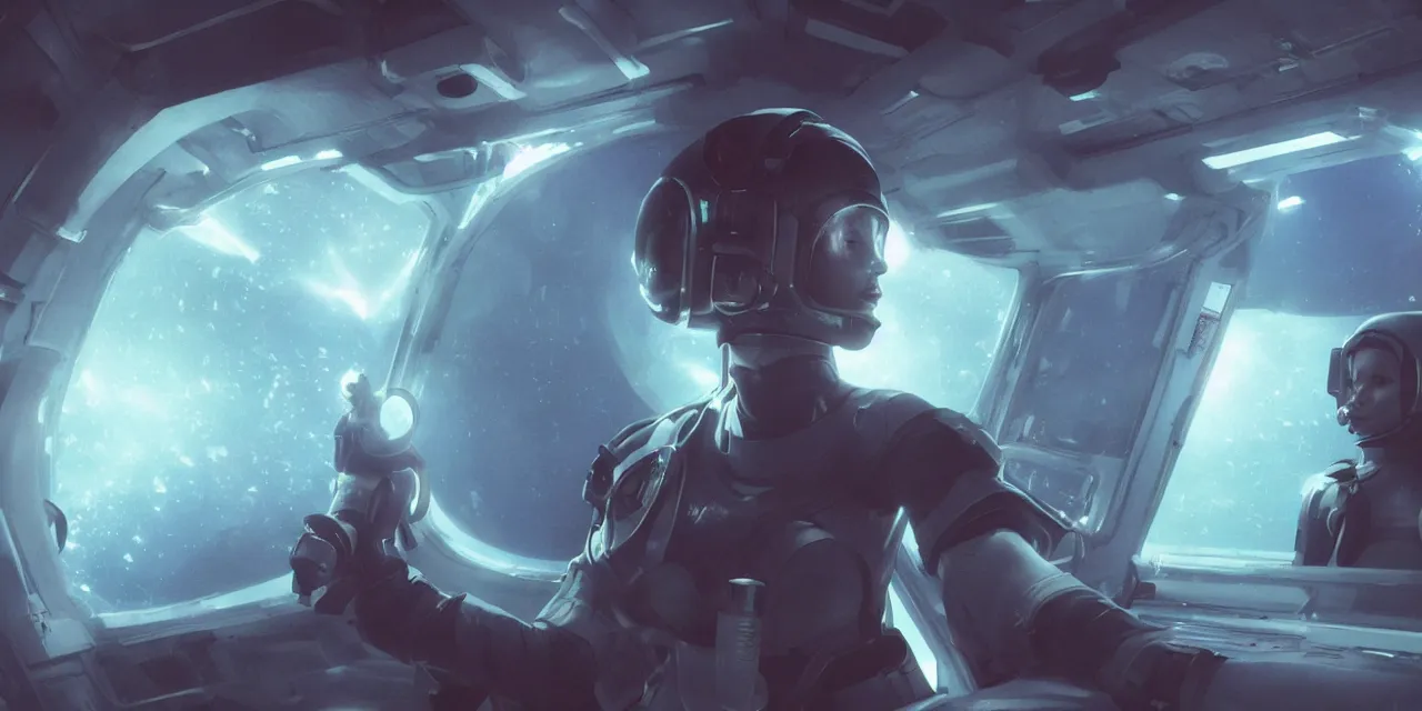 Image similar to Zoe Kravitz with short hair as a futuristic astronaut, outside large window of ship, helmet with HUD led lights, underwater in the ocean at night, dark water, volumetric lighting, glowing lights, 4k, octane, digital painting, artstation, concept art, sharp focus, illustration, high contrast, high saturation , cinematic film still, art by artgerm and greg rutkowski and alphonse mucha , wide angle view,