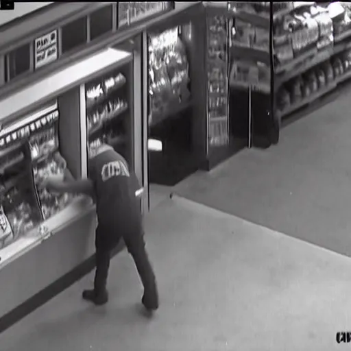 Image similar to security cam footage of barney the dinosaur robbing a convenience store