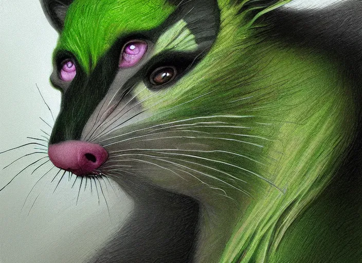 Image similar to face portrait of a anthro green zombie opossum fursona with long dark hair. Ruined stormy city. Glorious sun beams, intricate, elegant, highly detailed, digital painting, short focus, illustration, Allan Lee, John Howe