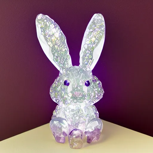 Prompt: photorealistic crystal bunny made of amethyst gems