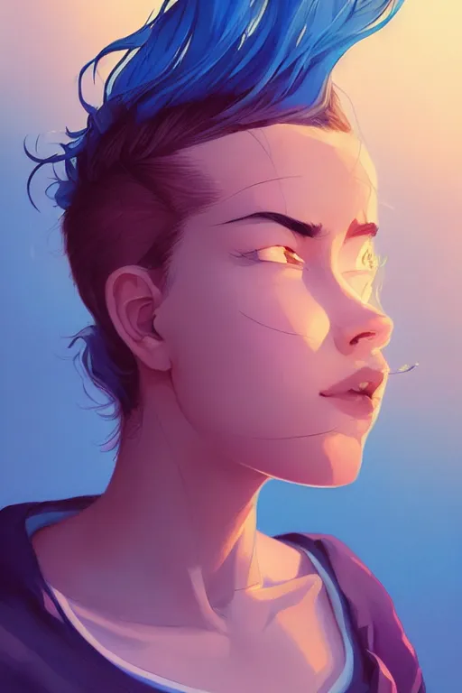 Prompt: portrait painting of a teenage girl with swept back wild blue hair, smirking, fashionable, windy, sharp focus, award - winning, cinematic pose, cinematic lighting, trending on artstation, masterpiece, highly detailed, intricate. art by josan gonzales and moebius and deathburger