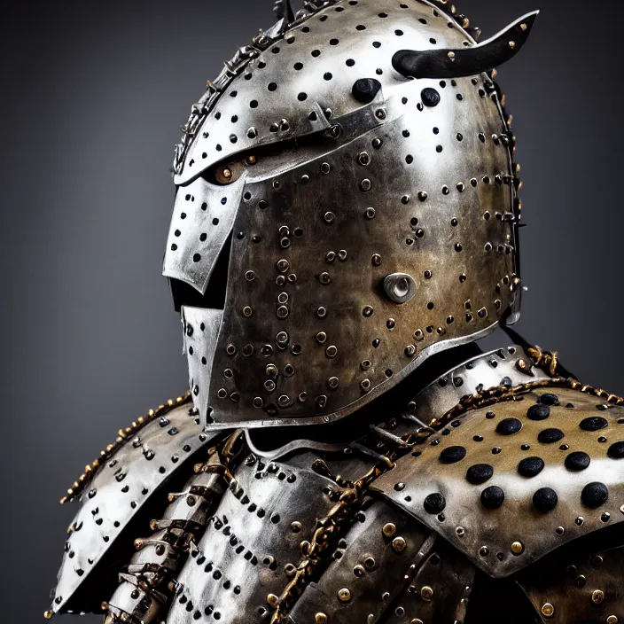 Image similar to portrait photograph of a real-life warrior with metal jaguar armour. Extremely detailed. 8k