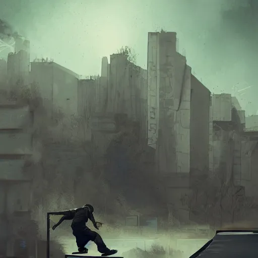 Prompt: post apocalyptic skateboarding, artstationhd, cinematic, kickflip, awesome color palette