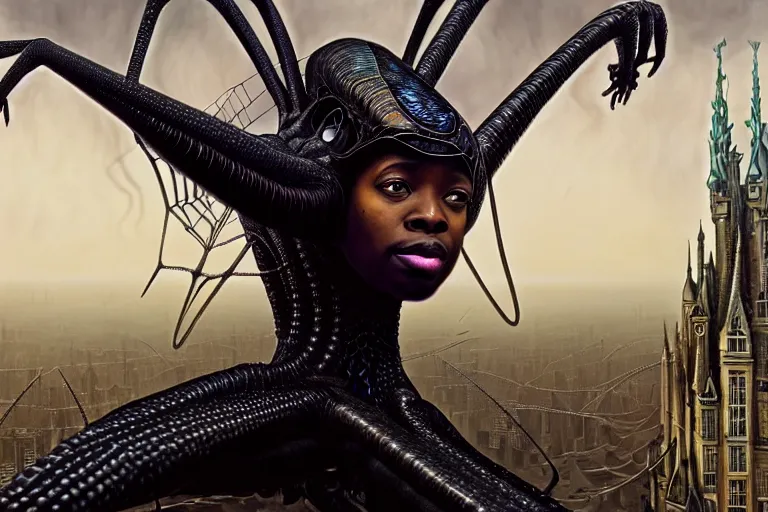 Image similar to realistic detailed photorealistic closeup portrait movie shot of a beautiful black woman riding a giant spider, dystopian city landscape background by denis villeneuve, amano, yves tanguy, alphonse mucha, ernst haeckel, edward robert hughes, roger dean, cyber necklace, rich moody colours, sci fi patterns, wide angle