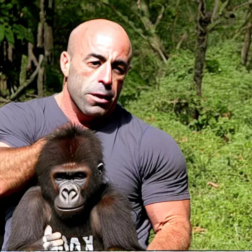 Prompt: joe rogan stabs a gorilla