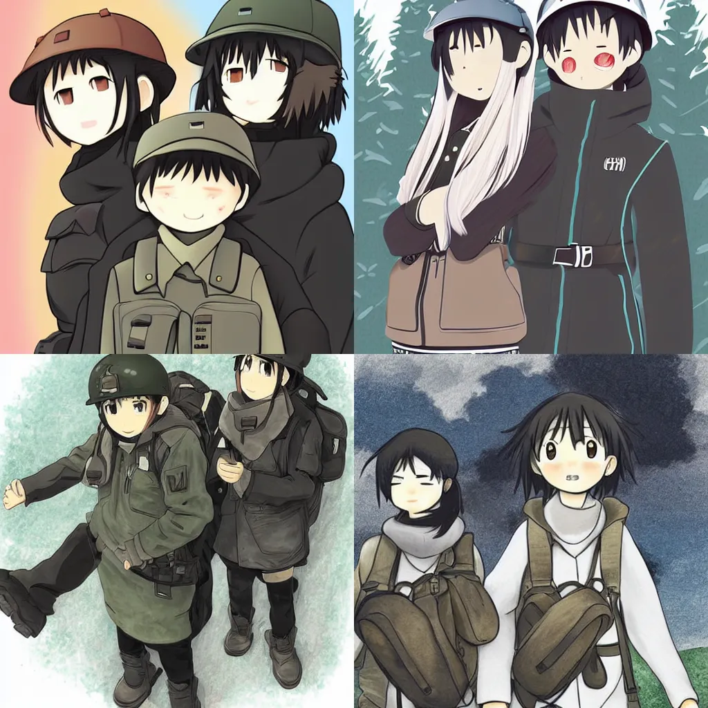 Prompt: an illustration by tkmiz, of Chito and Yuuri from Girls Last Tour, 𓆟 @lililjiliijili