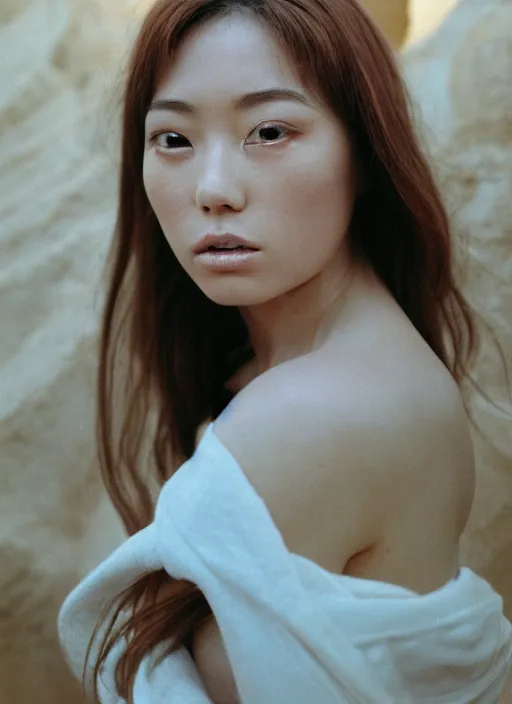 Prompt: Kodak Portra 400, 8K, soft light, volumetric lighting, highly detailed, Kasumi Arimura style 3/4 ,portrait photo of Japanese captivating female, the face emerges from Antelope Canyon, thermal waters flowing down gold travertine terraces, inspired by Ophelia paint , a beautiful luxurious royal suit, intricate hair with highly detailed realistic beautiful flowers , Realistic, Refined, Highly Detailed, ethereal lighting colors scheme, outdoor fine art photography, Hyper realistic, photo realistic