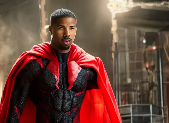 Image similar to film still of michael b jordan as spawn in the new spawn movie, giant chains, large cape, 8 k