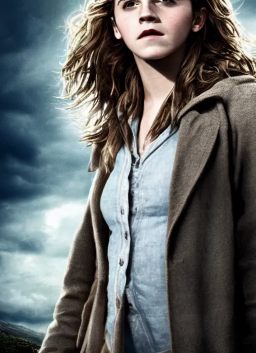 Image similar to Movie poster, Emma Watson as Hermione Granger, dark, thunderstorm, extremely detailed, award winning, 4K